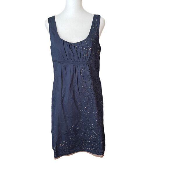 LOFT Ann Taylor 6 Tank Sheath Dress Dark Blue Eyelet Brown Casual Career - Picture 1 of 12